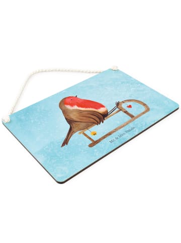 Wandtafel Rotkehlchen Schlitten ohne Spruch in Eisblau