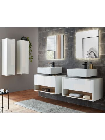 Badmöbel-Set 6-teilig weiß Hochglanz, Eiche 250 cm, Komplettset mit Beleuchtung