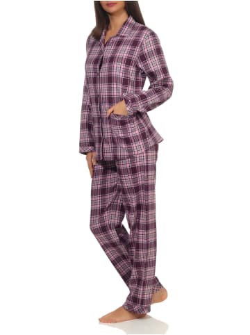Flanell Pyjama Schlafanzug langarm Knopfleiste und Reverskragen - 50117 in beere
