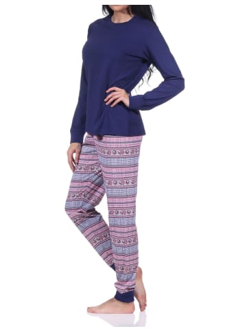 langarm Schlafanzug Bündchen Pyjama Ethnolook - 83322 in navy