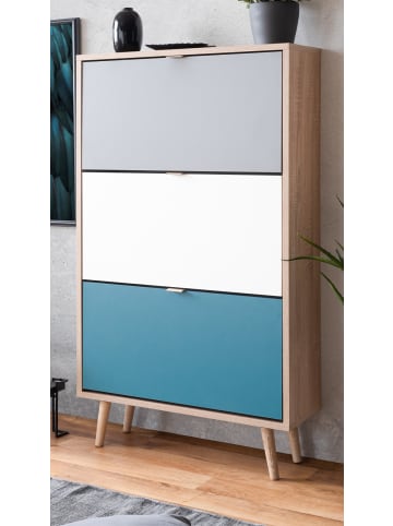 Schuhkipper Eiche, Petrol, weiß, grau, Schuhschrank Tricolor skandinavisch