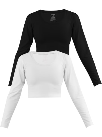 2 x Damen crop Langarmshirt Nerja in Schwarz/Weiß