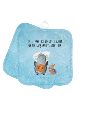 Topflappen Pinguin & Maus Wanderer mit Spruch in Eisblau