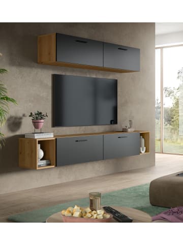 Wohnwand in grau und Artisan Eiche 202 cm, Wohnkombination mit Soft-Close