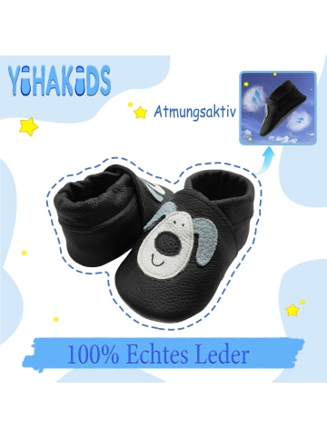Schwarze Baby Leder Krabbelschuhe, mit rutschfester Sohle – Hund-Muster
