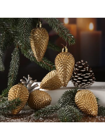 6er Set Baumschmuck Tannenzapfen bruchfest glitzernd in gold