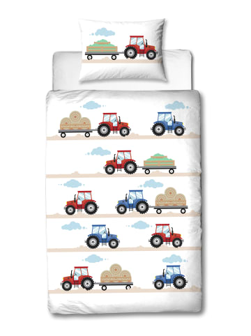 Baby Bettwäsche-Set Biber/Flanell "Traktor" in Weiß
