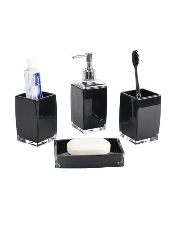 4-teilig, Seifenspender, Zahnbürstenhalter, Schale & Organizer in Schwarz