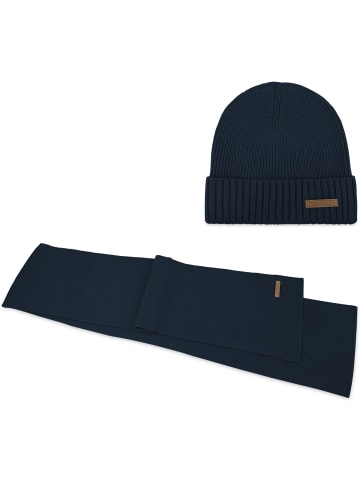 Winterset aus Merinowolle Schal und Mütze glatt Yuma in Navy
