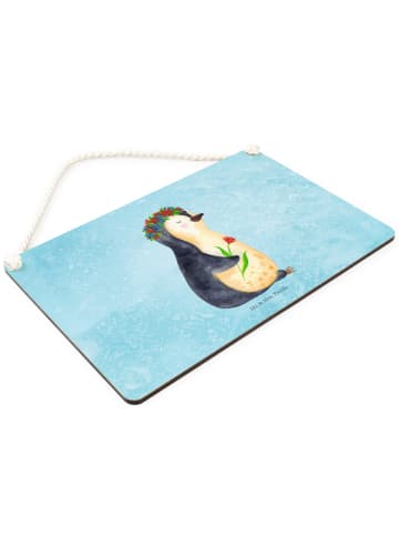 Schild Pinguin Blumen ohne Spruch in Eisblau