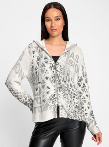 Strickjacke in ecru-hellgrau-bedruckt
