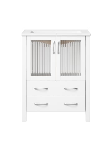 Waschbeckenunterschrank in Weiß Hochglanz 61 cm mit Keramikbecken Riffelglas