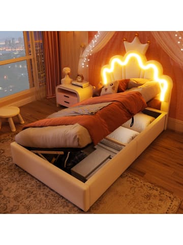 90 x 200 cm Einzelbetten Polsterbett mit LED, Verstellbares Kopfteil, Weiß