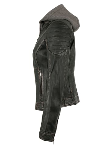 Lederjacke Lammnappa Kapuze in Schwarz-Beige