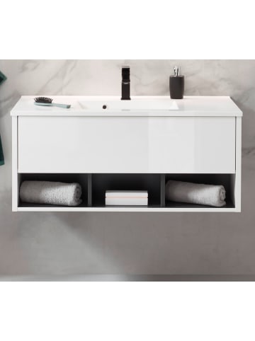 Waschbeckenunterschrank mit Waschbecken weiß Hochglanz, grau 100 cm