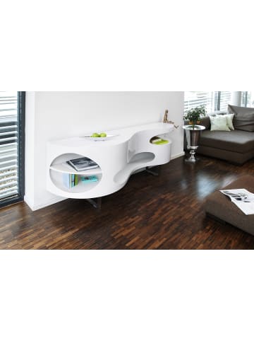 Sideboard 200 cm mit Stauraum, Edelstahl-Füßen und MDF Hochglanz in Weiß