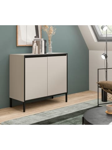 Kommode Sand / Kaschmit mit schwarz, 2-türiges Sideboard mit 4 Fächern 92 cm