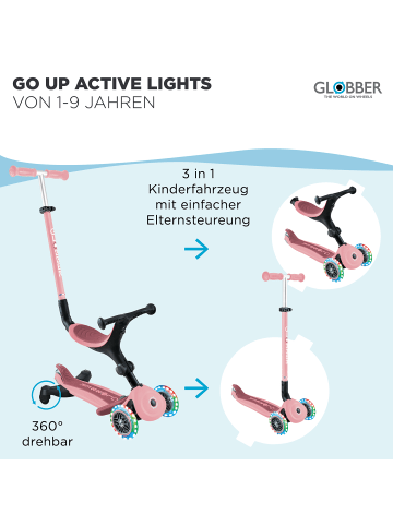3in1 Aufsitzrad, Laufrad, Scooter GO-UP ACTIVE LIGHTS 360 in pastellrosa