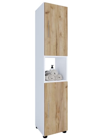 Holz Badmöbel Badschrank Hochschrank Flandu in Weiß / Honig-Eiche