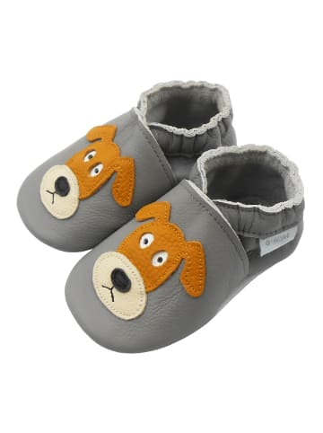 Graue Baby-Leder-Laufschuhe, komfortabel mit rutschfester Sohle - mit Hundemotiv