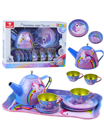 Kinder-Teeservice aus Metall mit Tassen, Teekanne und Tablett Einhorn