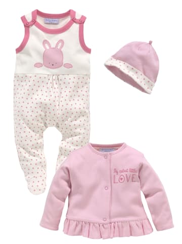 Strampler, Jäckchen & Mütze in rosa-weiß