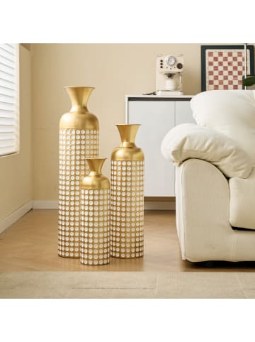Deko Vasen in Gold Weiß 3er Set 50/66/83 cm Metall Vintage für Wohnzimmer