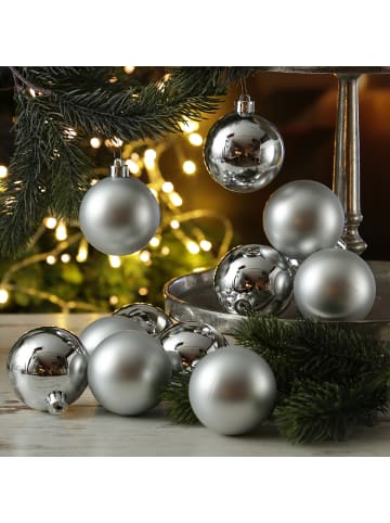 12er Set Weihnachtskugeln bruchfest D: 6cm Baumkugeln in silber