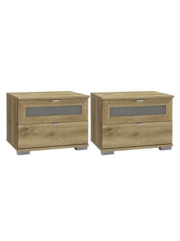 2er Set Nachtkonsolen Box Plus Plankeneiche Glasgrau je 52 / 38 / 40cm