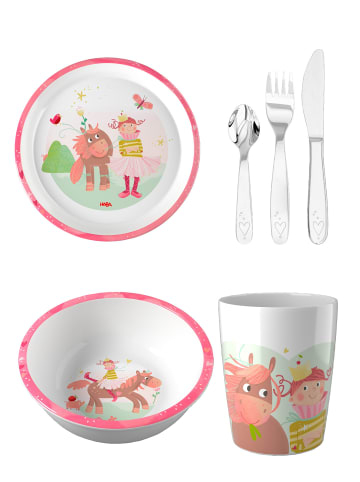 Geschirr-Set Schüssel, Teller, Becher & Besteck in Prinzessin&Pferd