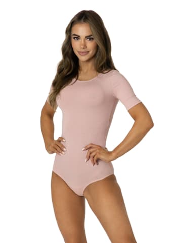 Damen Kurzarm Body mit Rundhalsausschnitt blickdicht Rippstoff in rosa