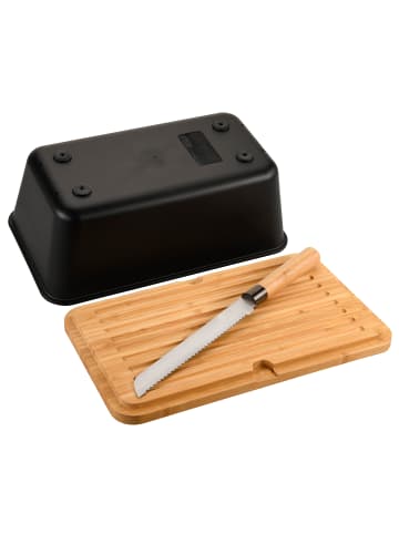 Brotkasten mit Bambusdeckel und Brotmesser in Schwarz, 35 x 20 cm