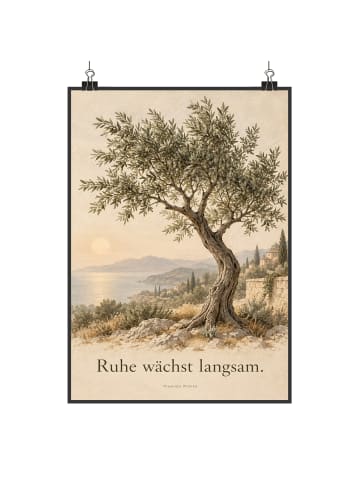 Poster Olivenbaum mediterran Design mit Spruch in Weiß