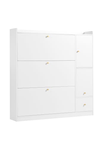 Kipp-Schuhschrank in Weiß mit 3 Klappschubladen und Sitzbank 119x24x122 cm