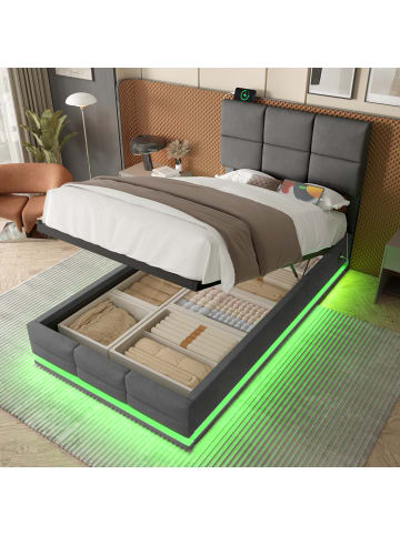 Polsterbett in Grau mit hydraulischem Lift-System, USB und Lattenrost 90x200