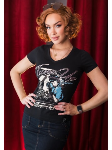 Queen Kerosin Kurzarm Print T-Shirt mit trendigem V-Ausschnitt Tune Up in black