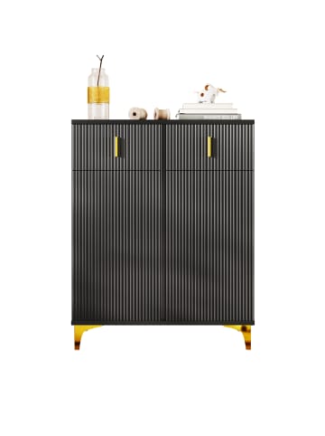 Sideboard in Schwarz mit Strukturpaneelen Schubladen goldenen Verzierungen für Flur