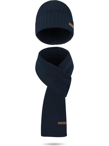 Winterset aus Merinowolle Schal und Mütze glatt Yuma in Navy