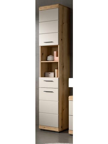 Hochschrank Sand Kaschmir, Evoke Eiche, Badschrank, 6 Fächer, 37 cm