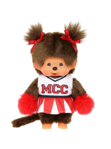 Mädchen im Cheerleader-Kleid | 20 cm Monchhichi Puppe | zwei Zöpfchen