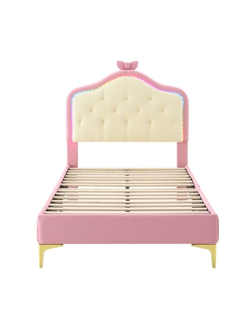 Polsterbett in Rosa 90x200 cm mit Wellenform LED Schleife PU