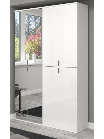 Garderobenschrank weiß Hochglanz 122 cm, Schuhschrank mit Spiegel