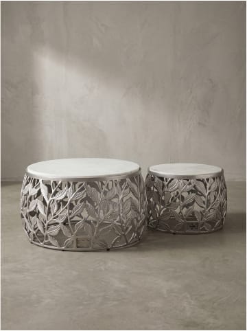 Tisch 2er Set indischer Marmor, handgefertigt, Modern in Silber-Weiß