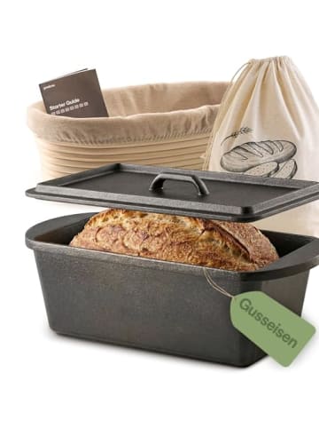 Gusseisen Brottopf Set Rechteckig 3L mit Gärkörbchen & Leinenbeutel