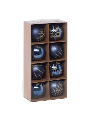 Set von Kugeln mit goldenen Verzierungen in Blau, 8 cm
