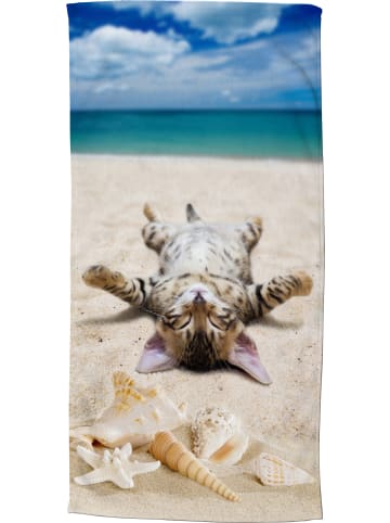 Velours-Frottier Strandtuch Beachcat in beige/blau