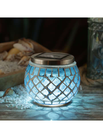 LED Solar Windlicht Mosaik Solarglas H: 9cm in blau