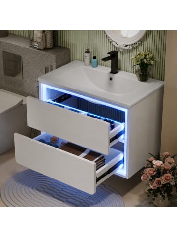 Waschbeckenunterschrank in Weiß 76x46x48,5 cm wandhängend mit LED 2 Schubladen