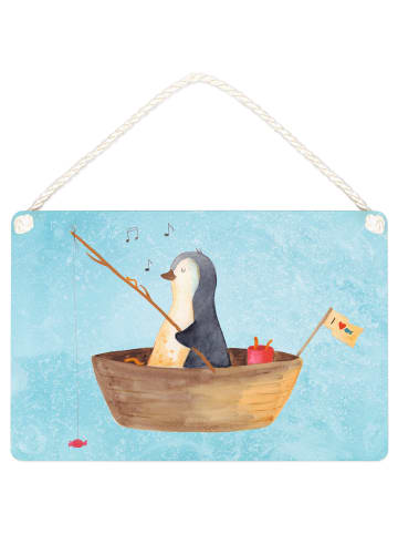 Deko Schild Pinguin Angelboot ohne Spruch in Eisblau