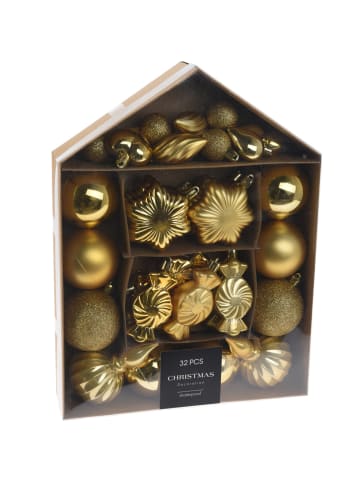 Set von Kugeln in verschiedenen Formen, 32 Stück. in Gold, 6 x 24 x 32 cm